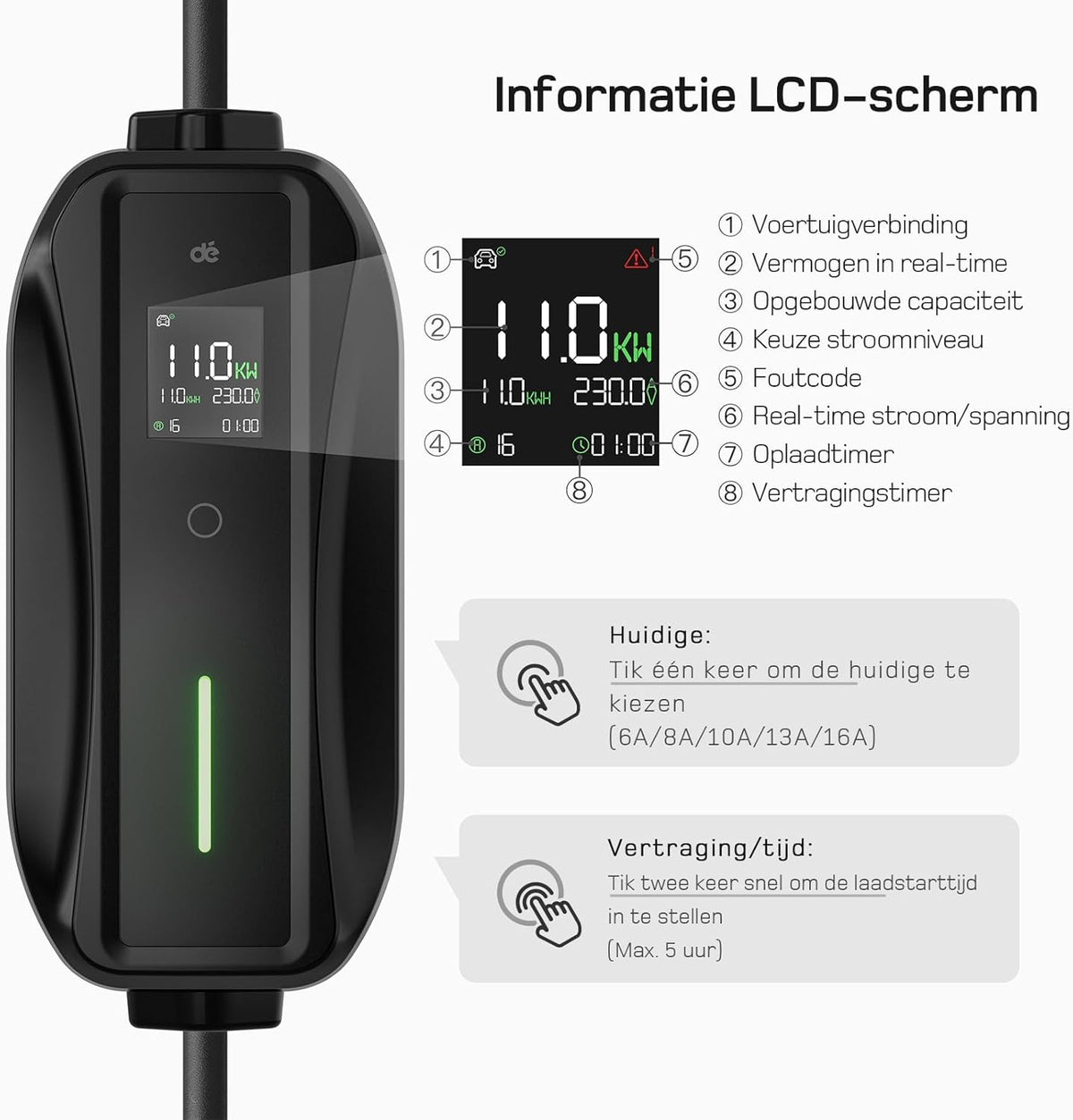 dé EV Charger Type 2 11kW [10m, 3-Fase, 6-16A] Laadpaal 11kW 3 Fase met instelbaar laadvermogen, Mobile Wallbox voor model Y/3, ID.3/4/5, Enyaq, EX30/XC40, Niro en Andere EV&PHEV