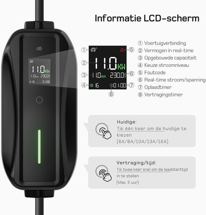 dé EV Charger Type 2 11kW [15m, 3-Fase, 6-16A] Laadpaal 11kW 3 Fase met instelbaar laadvermogen, Mobile Wallbox voor model Y/3, ID.3/4/5, Enyaq, EX30/XC40, Niro en Andere EV&PHEV