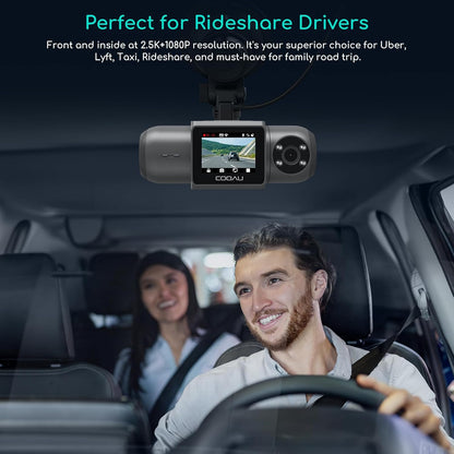 COOAU D30S 4K Dashcam met GPS Wi-Fi, voor- en binnenkant dubbele 2,5K 1080P Dashcam, Uber-autocamera met infrarood nachtzicht, supercondensator, 4 IR-LED's, G-sensor, parkeermodus, loop-opname