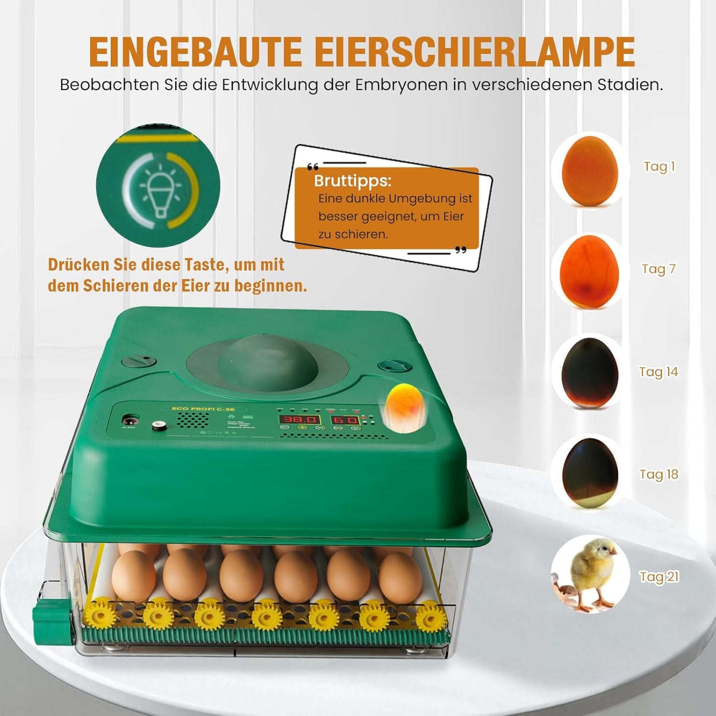 Broedmachine, volautomatisch, 36 eieren, incubator met 5 automatische broedmodi, broedmachine met temperatuurregeling, vochtweergave en eierverlichting, voor kippen, eenden, ganzen en