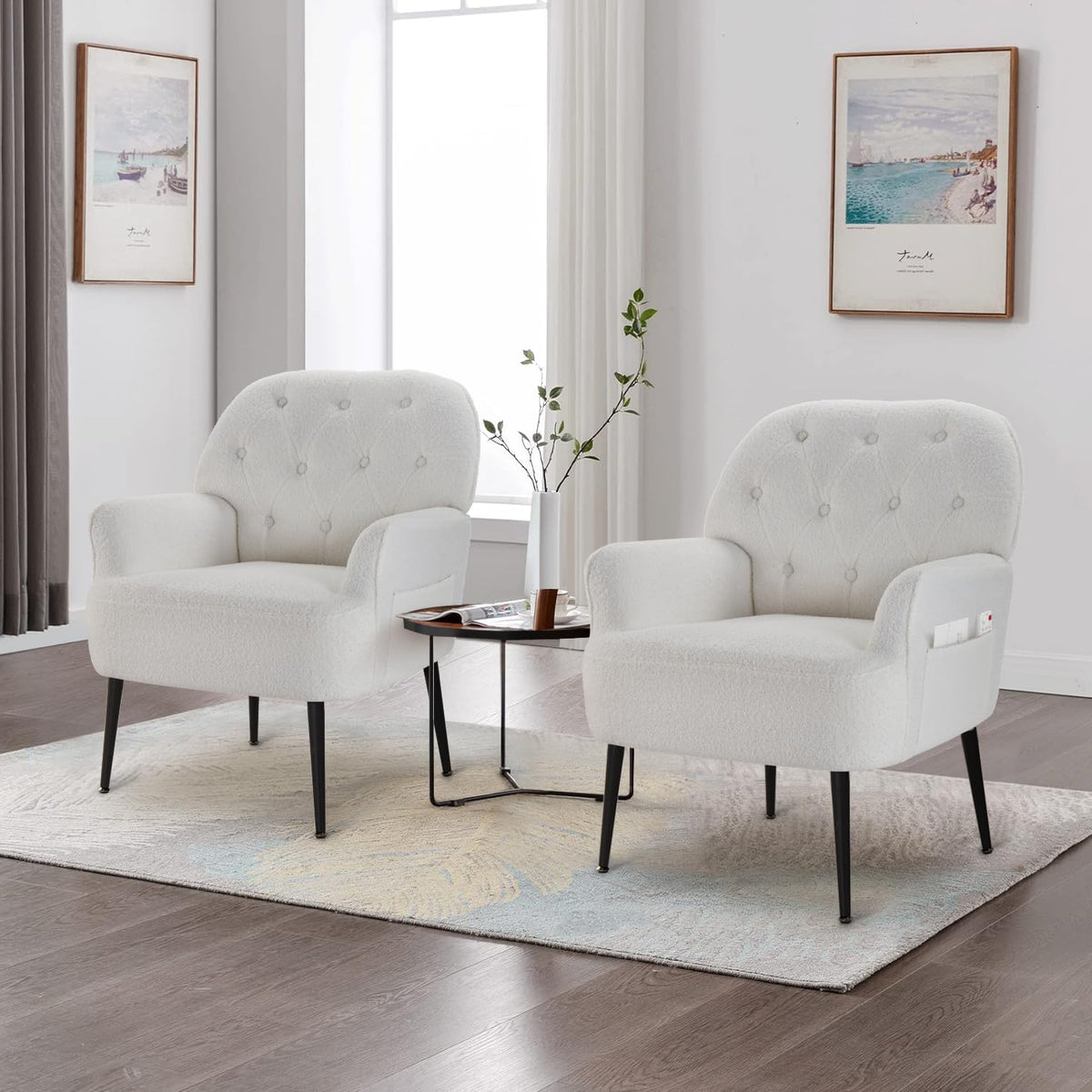 IWMH Armchair for Living Room, Teddy Fluffy Fabric Accent Chair for Bedroom, Read Tub Chair Comfortable Large Mid-Century Occasion Chair, Metal Legs (White*2) - QUORE