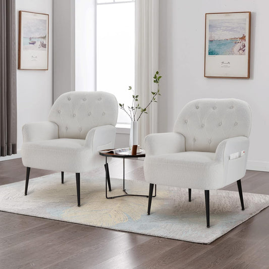 IWMH Armchair for Living Room, Teddy Fluffy Fabric Accent Chair for Bedroom, Read Tub Chair Comfortable Large Mid-Century Occasion Chair, Metal Legs (White*2) - QUORE