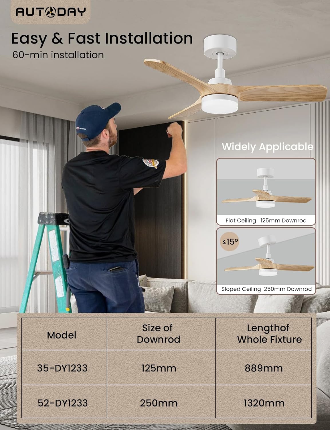 Houten plafondventilator met licht, 30 W, ultra-stille DC-motor, diameter 90 cm, met 3 omkeerbare vleugels, afstandsbediening met geheugenfunctie, 6 snelheden, dimbaar, plafondventilator