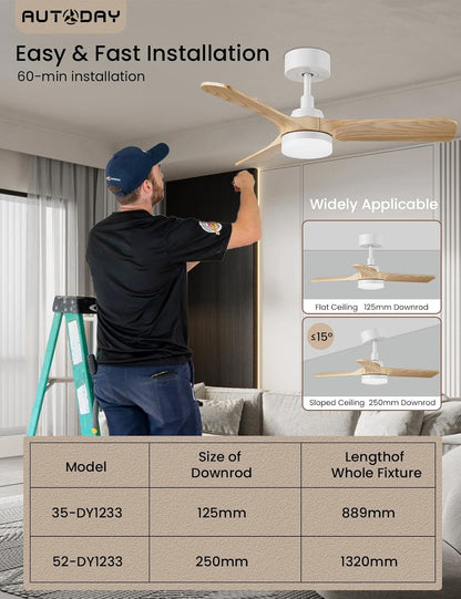 Houten plafondventilator met licht, 30 W, ultra-stille DC-motor, diameter 90 cm, met 3 omkeerbare vleugels, afstandsbediening met geheugenfunctie, 6 snelheden, dimbaar, plafondventilator