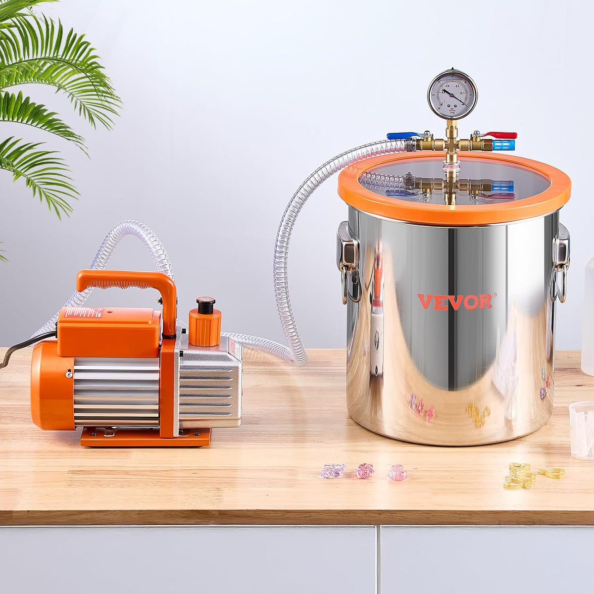 VEVOR 5 gallon vacuum chamber and 3.5 CFM pump kit, stainless steel chamber, single stage vacuum pump degassing chamber kit, with acrylic lid, oil, 1.5m hose, for degassing resin silicone epoxies