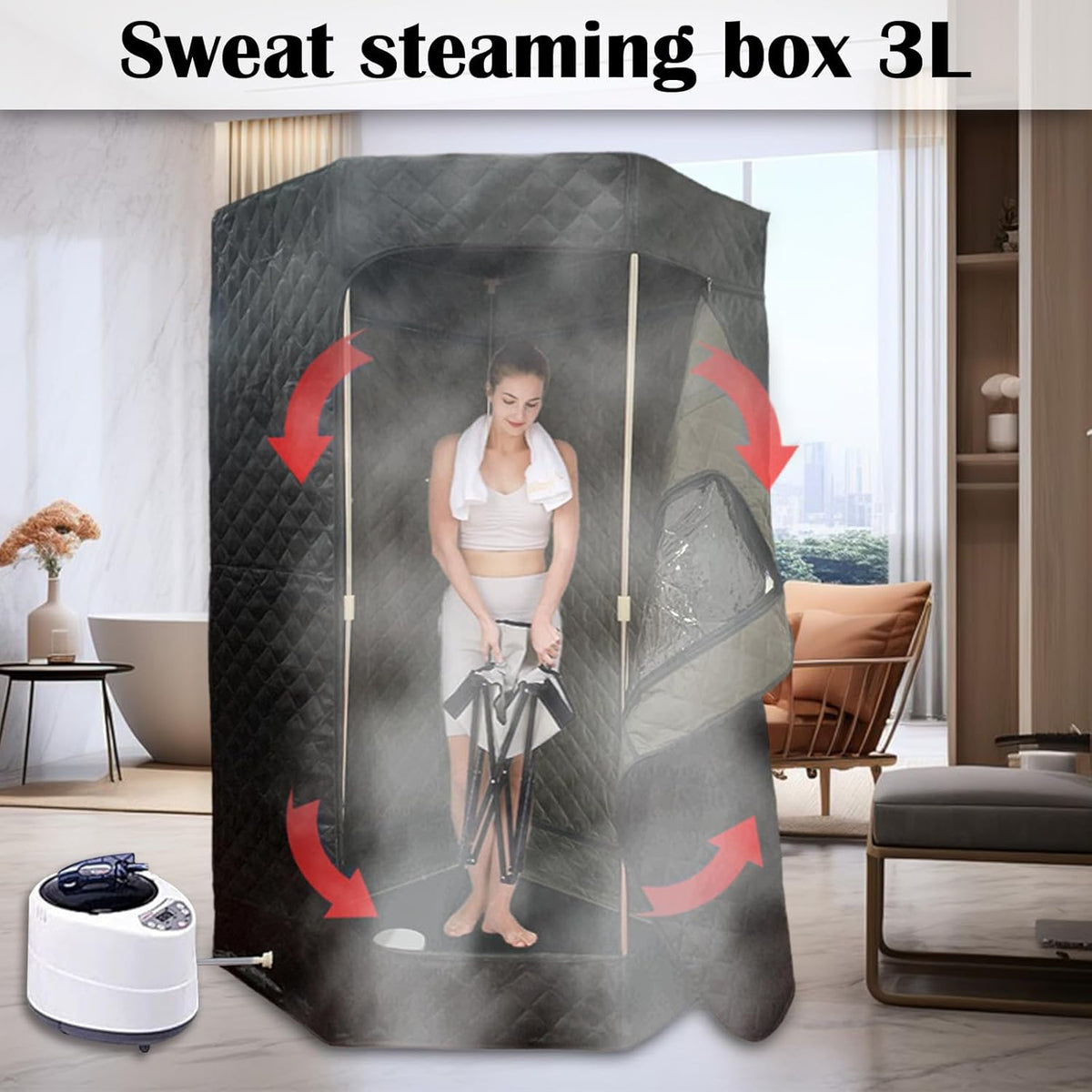 Sauna Sauna-tent, stoomgenerator voor saunakabine, 1200 W, voor thuis, draagbaar, timer en 9 temperatuurniveaus, met sauna, stoomgarnituur, 3 liter, inklapbare stoel met afstandsbediening, 180 cm (H)