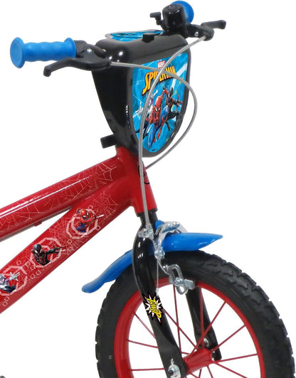 Kinderfiets voor jongens, 14 inch, Spiderman, uitgerust met 2 remmen, opblaasbare banden, decoratieve voorplaat en jerrycan achter