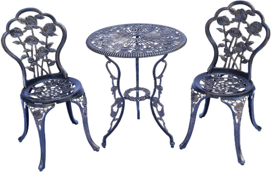 Bistroset Tuinmeubelen – Tuinset – Terrasmeubilair – Bistro Meubel – Aluminium Tuinset – Rozenmotief Roze-Antiek – Weerbestendig Gietaluminium – Compact 3-Delig Set