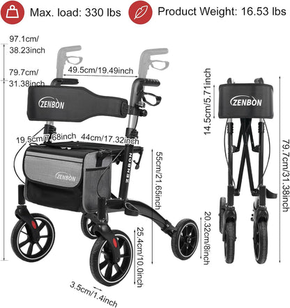 Rollator smal voor woning: Rollator Opvouwbaar en Lichtgewicht met Zitting Rollators voor Senioren Inklapbaar Aluminium - Rollatoren Lichtgewicht Speciale Reizen Rollator met Volledige Uitrusting