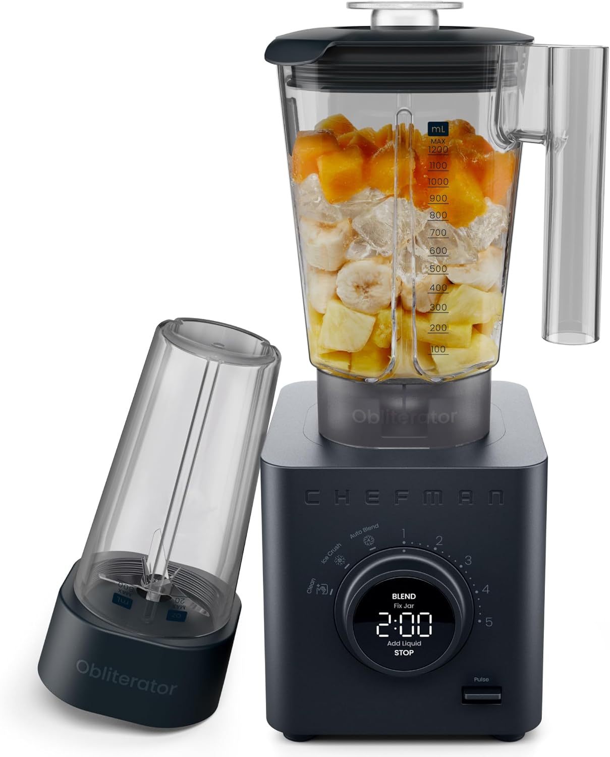 Chefman Obliterator 1,2 l blender voor smoothies, 1380 W motor voor het malen van ijs, noten en bevroren vruchten met roestvrijstalen lemmet, Auto Blend functie, incl. 600ml reiscontainer - Midnight