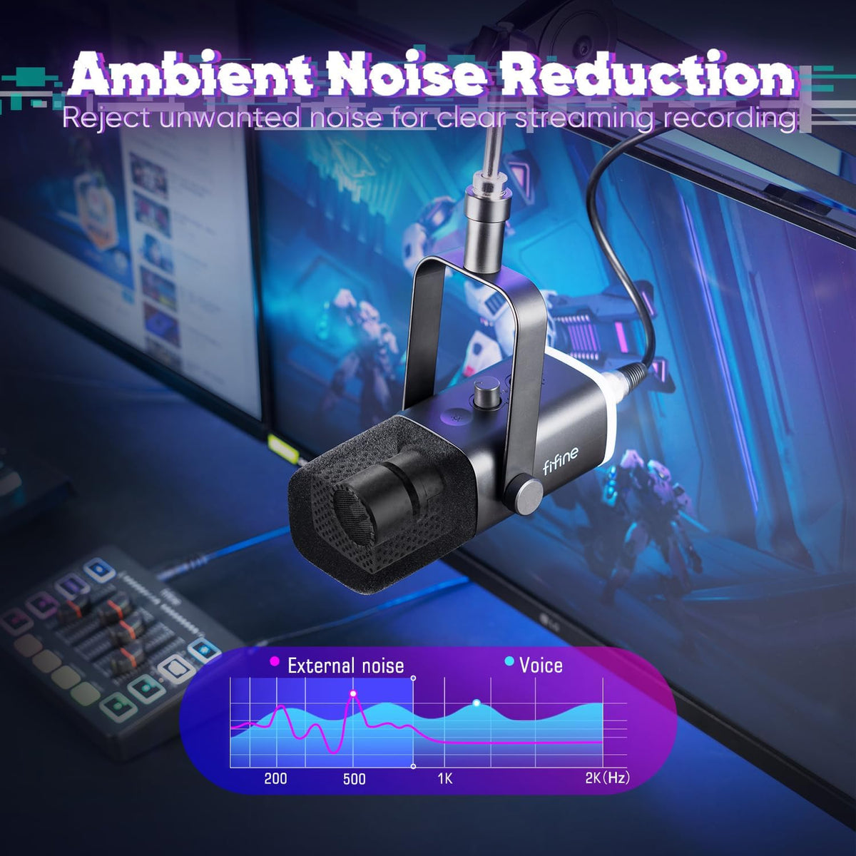 FIFINE XLR AM8 + SC3 Streaming Microfoon en Gaming Audio Mixer, USB Dynamische Microphone Gaming PC voor Podcast Studio, Streaming RGB PC Mixer met XLR Microfoon-Interface