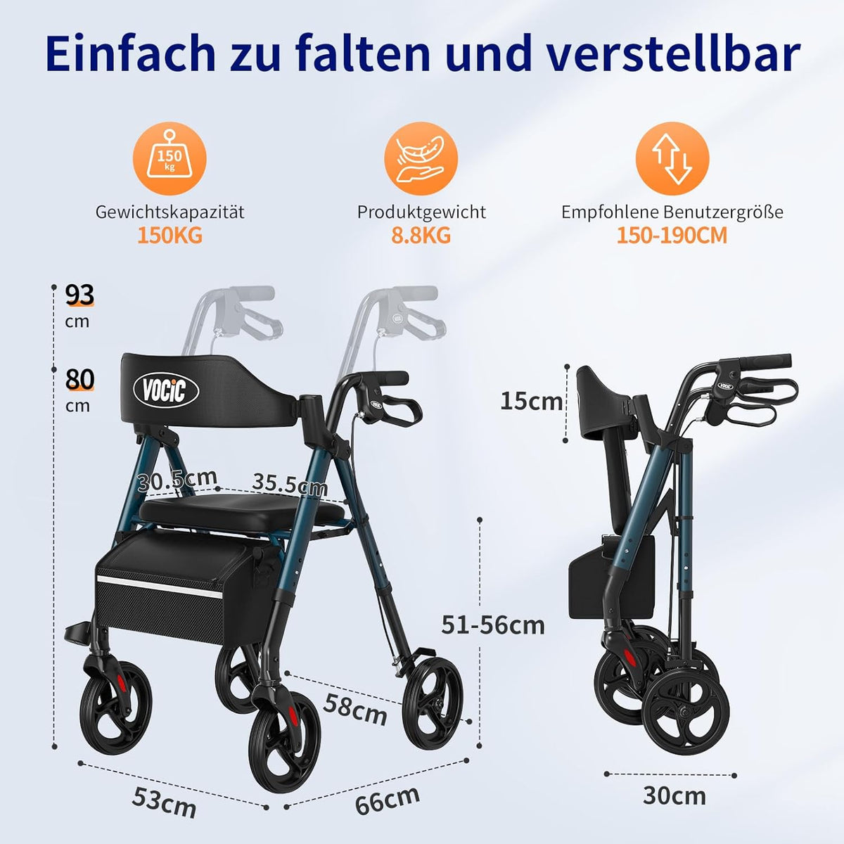 VOCIC Rollator, opvouwbaar en licht, met zitje, rollatoren voor senioren, inklapbaar, met 20 cm banden voor alle terreinen, zitje en handgreep, in hoogte verstelbaar, groen
