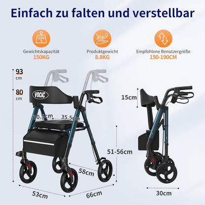 VOCIC Rollator, opvouwbaar en licht, met zitje, rollatoren voor senioren, inklapbaar, met 20 cm banden voor alle terreinen, zitje en handgreep, in hoogte verstelbaar, groen