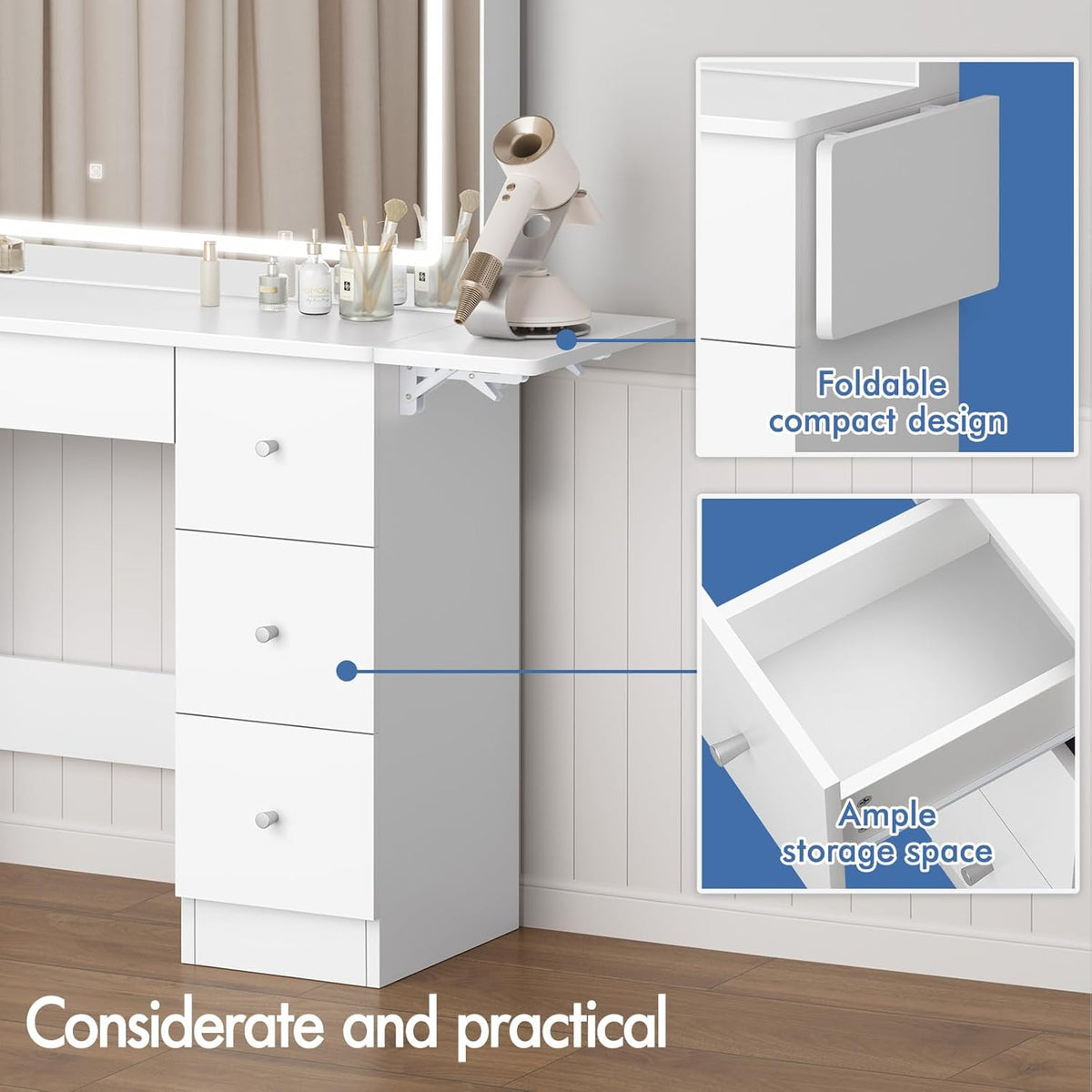 Make-uptafel – Kaptafel – Make-up Meubel – Schminktafel – Make-up Bureau – 7 Laden Opbergruimte – 3 Kleurverlichting Met USB & Stopcontact