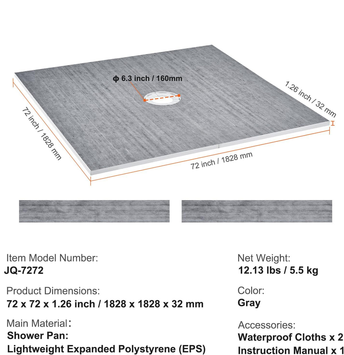 Douchekit – Douchebak – Douchevloer – Douchegoot – Doucheafdichting – Lichtgewicht EPS Materiaal – 160 mm Centraal Afvoergat