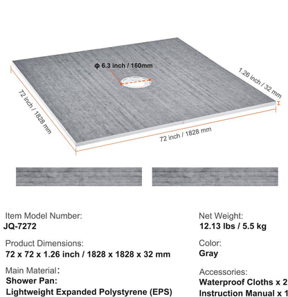 Douchekit – Douchebak – Douchevloer – Douchegoot – Doucheafdichting – Lichtgewicht EPS Materiaal – 160 mm Centraal Afvoergat