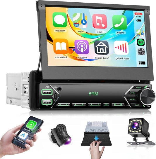 7 Inch Car Radio 1 Din with Retractable Touch Screen Manuell Carplay Android Car Wireless, FM Radio with Bluetooth, EQ, Mirror Link, 2 USB/Type-C, Car Radio with Rear Camera/Steering Control - QUORE