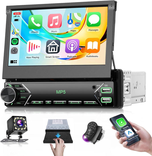 7 inch autoradio 1 Din met intrekbaar touchscreen Manuell Carplay Android Auto draadloos, FM-radio met Bluetooth, EQ, Mirror Link, 2 USB/Type-C, autoradio met achteruitrijcamera/stuurbediening