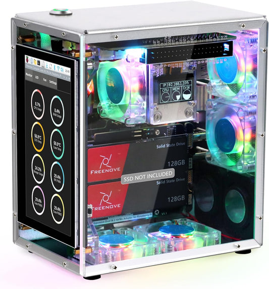 Freenove Raspberry Pi 5 Case Kit Pro, Dual M.2 NVMe SSD Slots, 5 PWM ARGB Fans Light Sync, CPU Tower Cooler, 4.3" Touchscreen, Stereo Speakers, 3.5 mm Audio (SSD NOT Included)