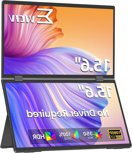 EVICIV Portable Monitor 15.6 inch Foldable Dual Screen 100% sRGB, With Mini HDMI/UBS-C Connection/Integrated Speaker For Laptop/PC/Phone/Game Consoles - QUORE