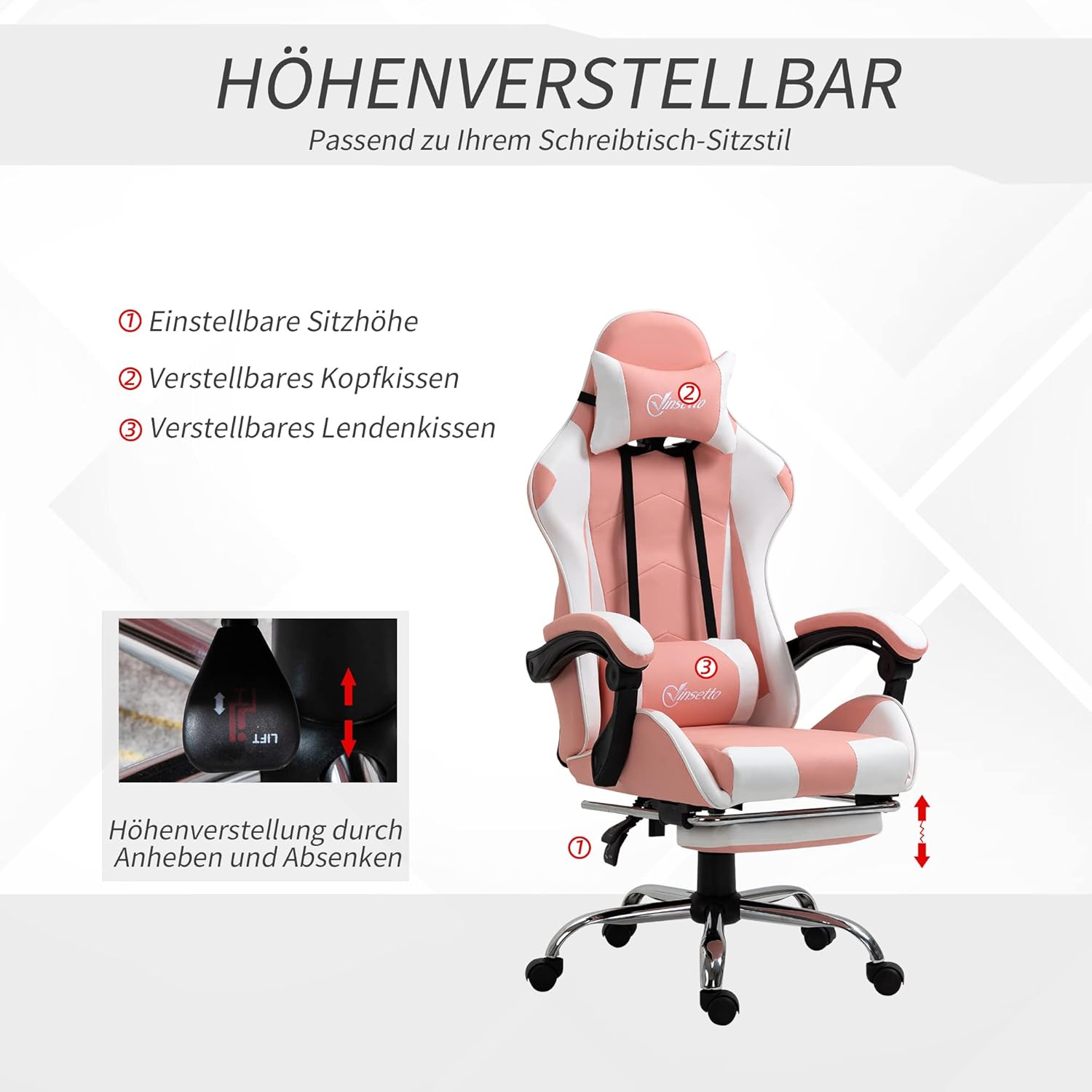 Vinsetto Gaming Chair, Ergonomic Office Chair with Headrest, Massage Lumbar Cushion, Footrest, Swivel Gaming Chair, PC Chair with Connecting Armrests, Tilt Function, Pink - QUORE