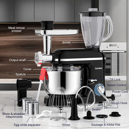Blender Multifunctionele keukenmachine, 1800 W, professionele universele elektrische vleesmolen met mixer, glas 1,5 l, 3 hakplaten, roestvrijstalen kom 5,5 l