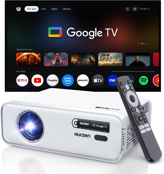 Aurzen EAZZE D1G Officiële Google TV 4K ondersteunde slimme projector met wifi en Bluetooth, autofocus en keystone, Dolby Audio, Zoom, Native 1080P draagbare mini-filmprojector voor thuis en buiten
