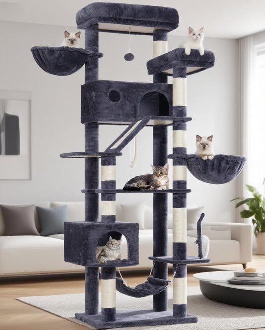 Krabpaal groot, kattenboom, grote katten, stabiel voor binnen, 200 cm, kattenkrabpaal met ruime platforms, kattenholen, hangmat, sisalzuilen, rookgrijs GCT031G