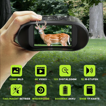 Nachtzichtapparaat, 112 MP 4K nachtzichtapparaat, jacht met 12 x digitale zoom en 5000 mAh oplaadbaar, 64 GB TF-kaart, infrarood zicht, 400 m bereik, perfect voor jacht, camping en veiligheid