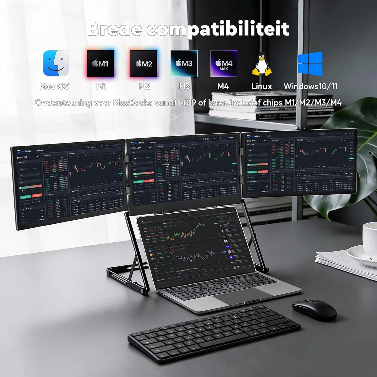 HONGO Portable Monitor 3 Screen, 15.6" Portable Monitor FHD IPS 100% sRGB, Triple Monitor Laptop Display Extender USB-C/HDMI with Adapter & Stand, 360° Foldable, Compatible with Mac/Windows/Linux - QUORE
