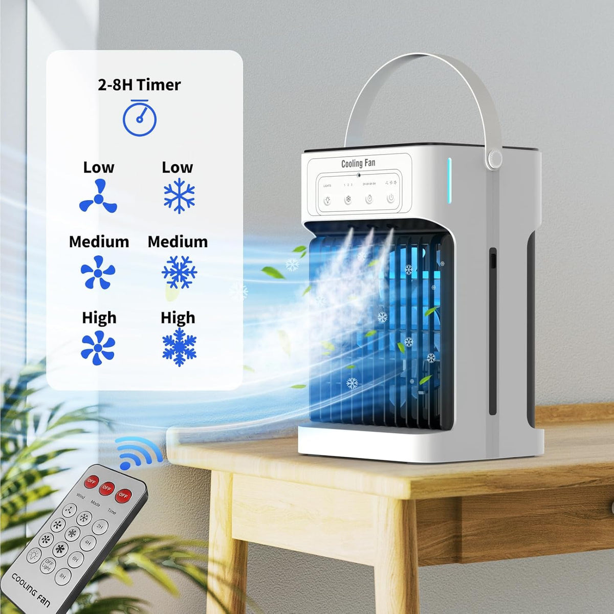 Mobiele Airco - Draagbare Airconditioning - Mini-Airconditioning - 1100ml - met Waterkoeling - 3 Luchtsnelheden - 3 Koelnevel - 2-8 uur Timer - 7 LEDS - voor Kamers - 17 x 15 x 27 cm - Wit/ Zwart - QUORE