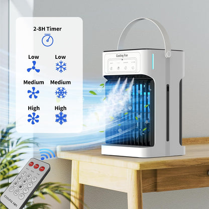 Mobiele Airco - Draagbare Airconditioning - Mini-Airconditioning - 1100ml - met Waterkoeling - 3 Luchtsnelheden - 3 Koelnevel - 2-8 uur Timer - 7 LEDS - voor Kamers - 17 x 15 x 27 cm - Wit/ Zwart - QUORE