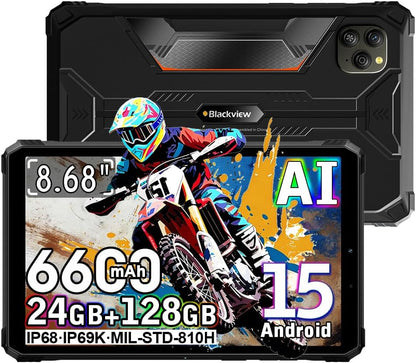 Blackview Active 5 Rugged Tablet met Android 15, 8 inch, 24 GB + 128 GB + 2 TB tablet, 6600 mAh robuuste smartphone, luidspreker 2 W x 2, IP68/69K robuuste tablets, Dual SIM, 4G LTE, 5G wifi, GPS, OTG