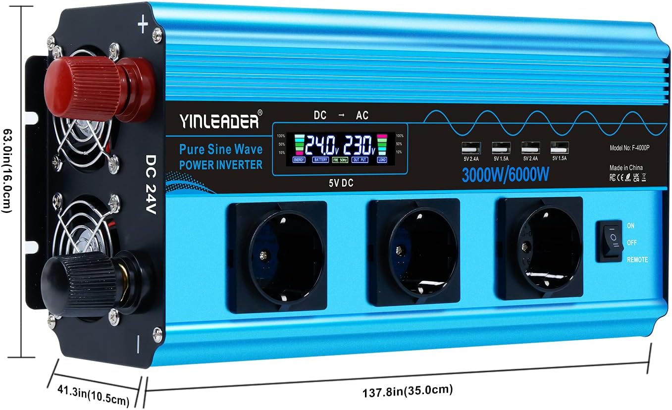 Yinleader Inverter 3000 W zuivere sinus spanningsomvormer 24 V 230 V met LCD | 3 stopcontacten en 4 USB-poorten draadloze afstandsbediening / 6000 W