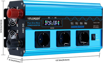 Yinleader Inverter 3000 W zuivere sinus spanningsomvormer 24 V 230 V met LCD | 3 stopcontacten en 4 USB-poorten draadloze afstandsbediening / 6000 W