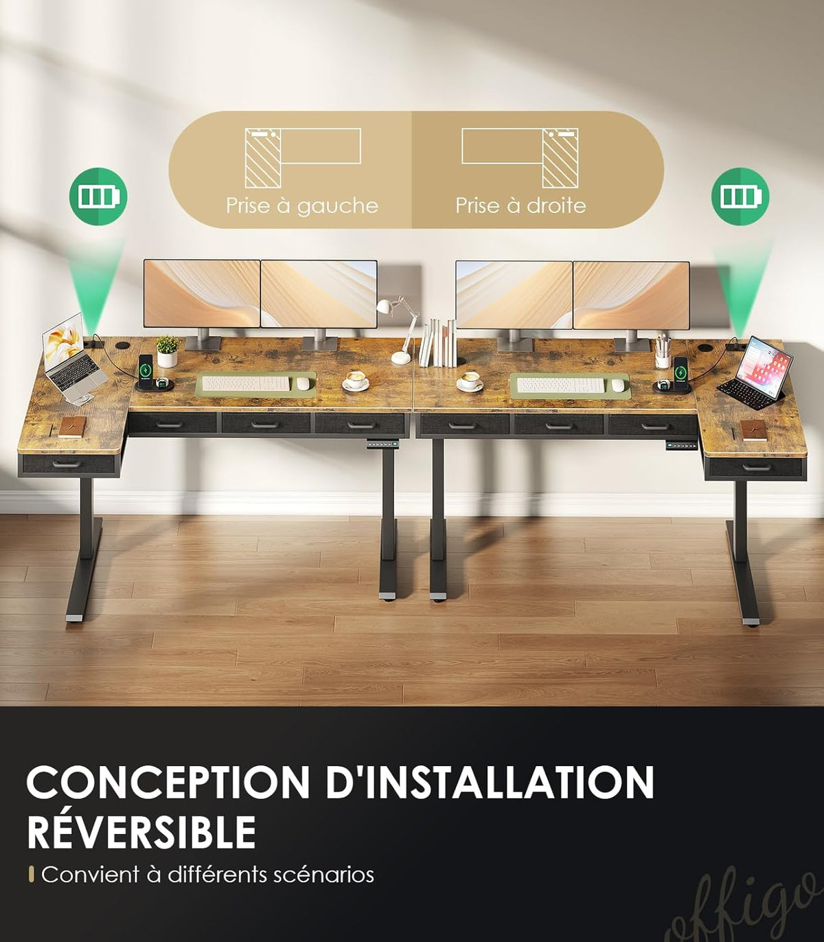 Zit Sta Bureau – Elektrisch Bureau – Hoekbureau – Verstelbaar Bureau – Gaming Bureau – 160x80 cm – 4 Laden – Stopcontact & USB