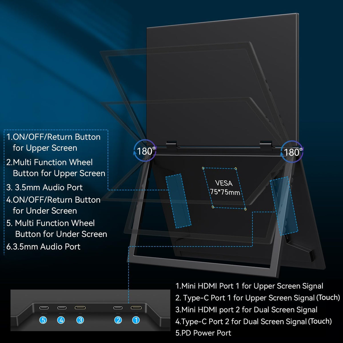 Kenowa Touch Screen Dual Portable Monitor, 15.6 Inches, Foldable Dual Screen, 100% sRGB, IPS Extension, Foldable Monitor with Mini HDMI/USB-C/Speaker, for Laptop/PC/Phone/Mac/PS4/Switch - QUORE