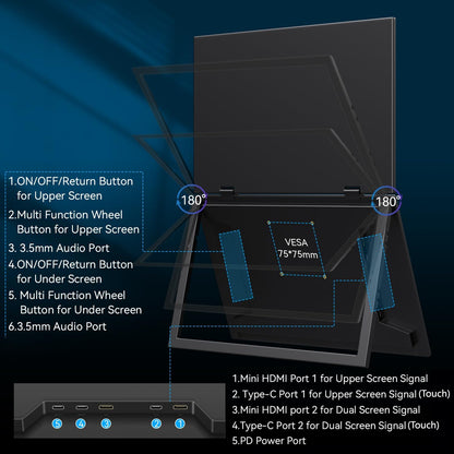 Kenowa Touch Screen Dual Portable Monitor, 15.6 Inches, Foldable Dual Screen, 100% sRGB, IPS Extension, Foldable Monitor with Mini HDMI/USB-C/Speaker, for Laptop/PC/Phone/Mac/PS4/Switch - QUORE