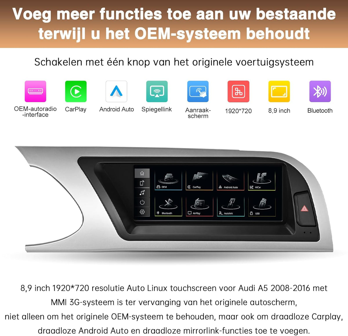 8,9 inch Carplay draadloos scherm voor Audi A5 2009-2015 met 3GMMI Android Auto-display Ondersteuning voor OEM-functie, Siri, Airplay, Autolink