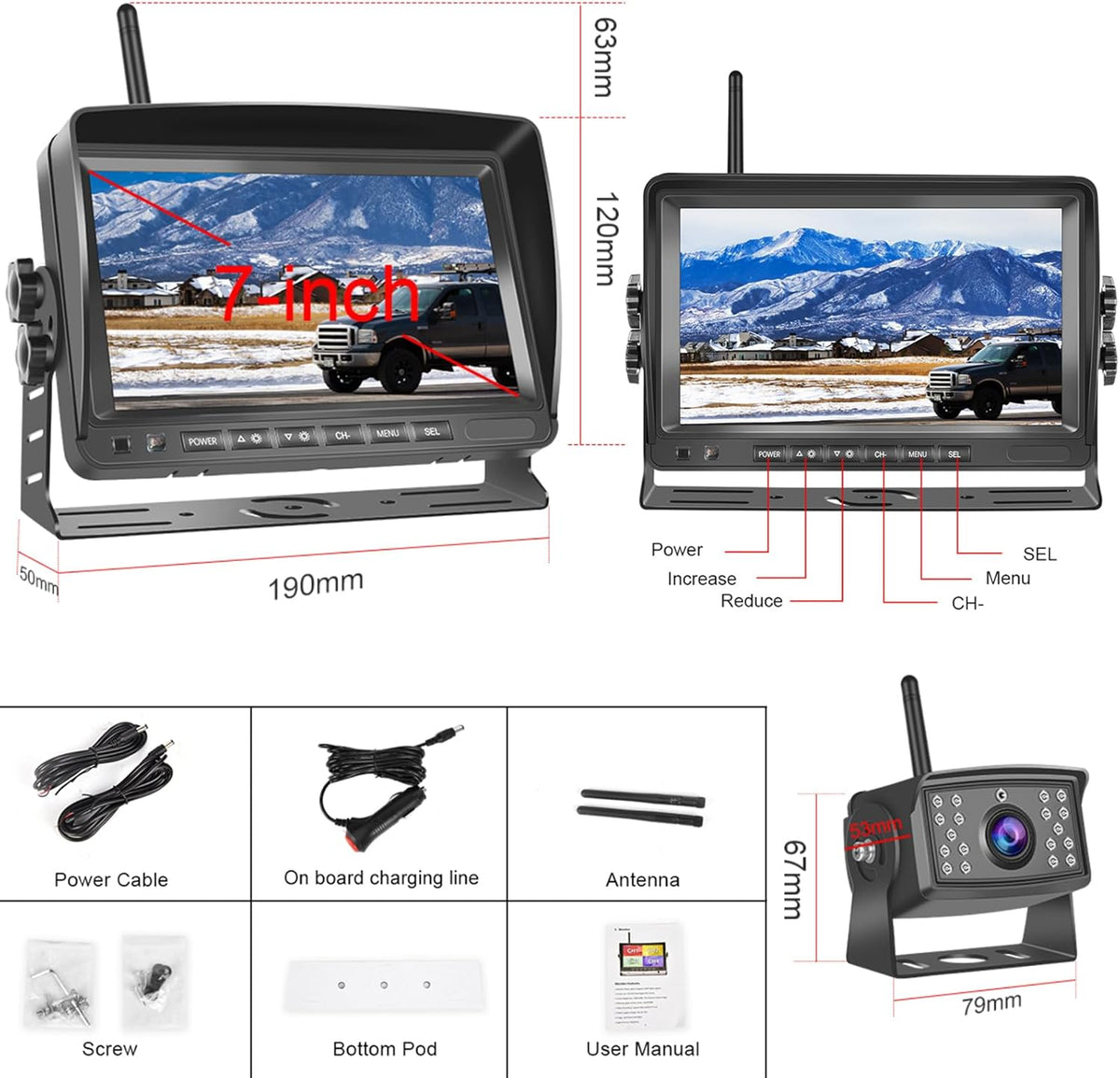 Hodozzy Digital Wireless Rear Camera 7 Inch IPS Monitor Kit AHD Rear View Camera Waterproof Night Vision Video Recording Wireless Car Rear View Camera 12V-36V - QUORE