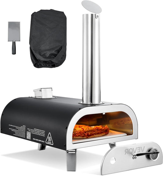 VEVOR Outdoor Pizza Oven, 30cm Wood Fired Pizza Ovens Pellet Pizza Stove with Thermometer, Portable Pizza Maker for Outdoor Backyard Patio Camping Pizza Stone Carry Bag Shovel Black - QUORE