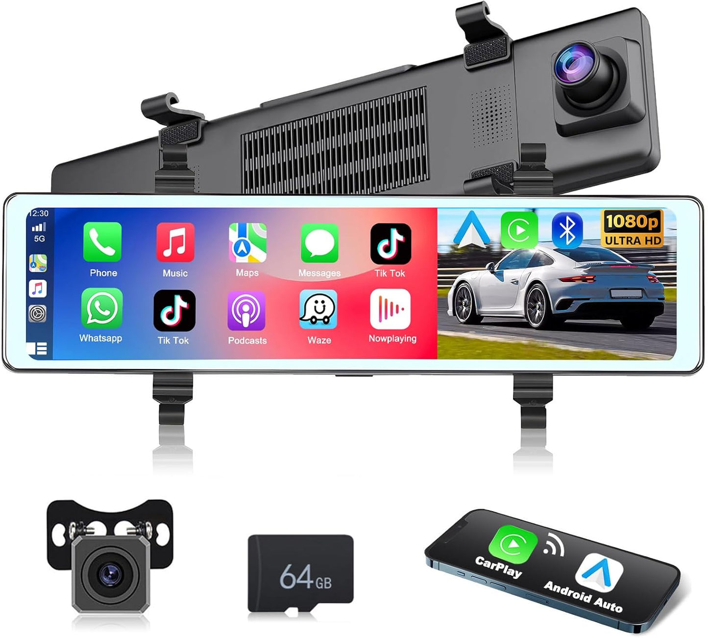 Podofo Draadloze Apple Carplay Android autospiegel, dashcam met HD achteruitrijcamera, 11,26 inch IPS-touchscherm, dual 1080p achteruitkijkspiegel, 2 gedeelde beeldschermen