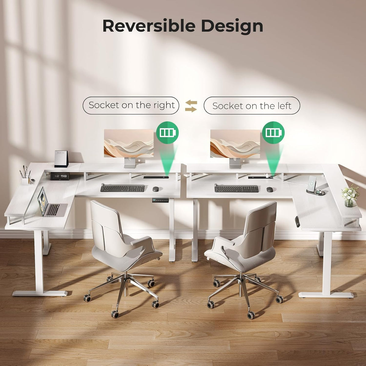 OffiGo Hoekbureau in Hoogte verstelbaar, 150x120cm Elektrisch Staand Bureau met Stopcontact, Standing Desk L-vorm met Monitorstandaard, Wit
