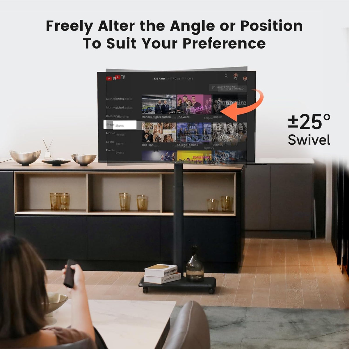 Mobiele tv-kar rollende tv-standaard voor schermen van 26-70 inch, mobiele tv-kar voor maximaal 80 lbs, 25° draaibaar met 6 niveaus van hoogteverstelling voor optimaal zicht, tv-standaards voor