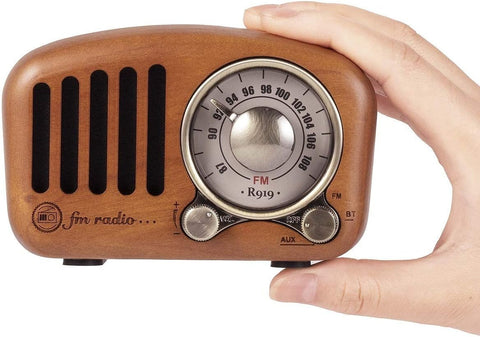 Draagbare Radio - Retro Radio - met FM - MP3-speler - via SD - Bluetooth - AUX - 270° Wijzerplaat - Battery-Aangedreven - 10.6 x 5 x 6.8 cm - Klassiek Kersenhout