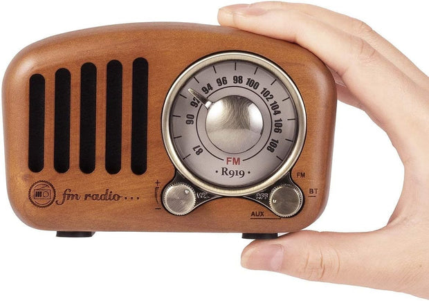 Draagbare Radio - Retro Radio - met FM - MP3-speler - via SD - Bluetooth - AUX - 270° Wijzerplaat - Battery-Aangedreven - 10.6 x 5 x 6.8 cm - Klassiek Kersenhout