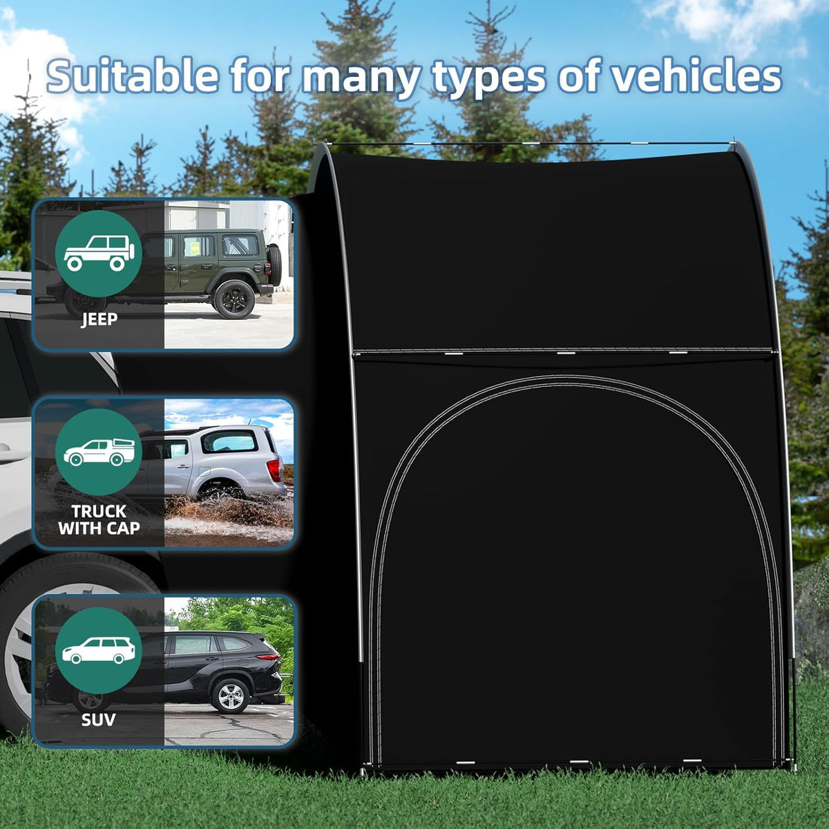 SUV Auto Tent, SUV Campingtent met Drie Deuren die aan alle Drie de Zijden Opengaan, Waterdichte en UV-Bestendige Grote Ruimte Autotent Achterklep voor Kamperen, EU-QCZP-BK