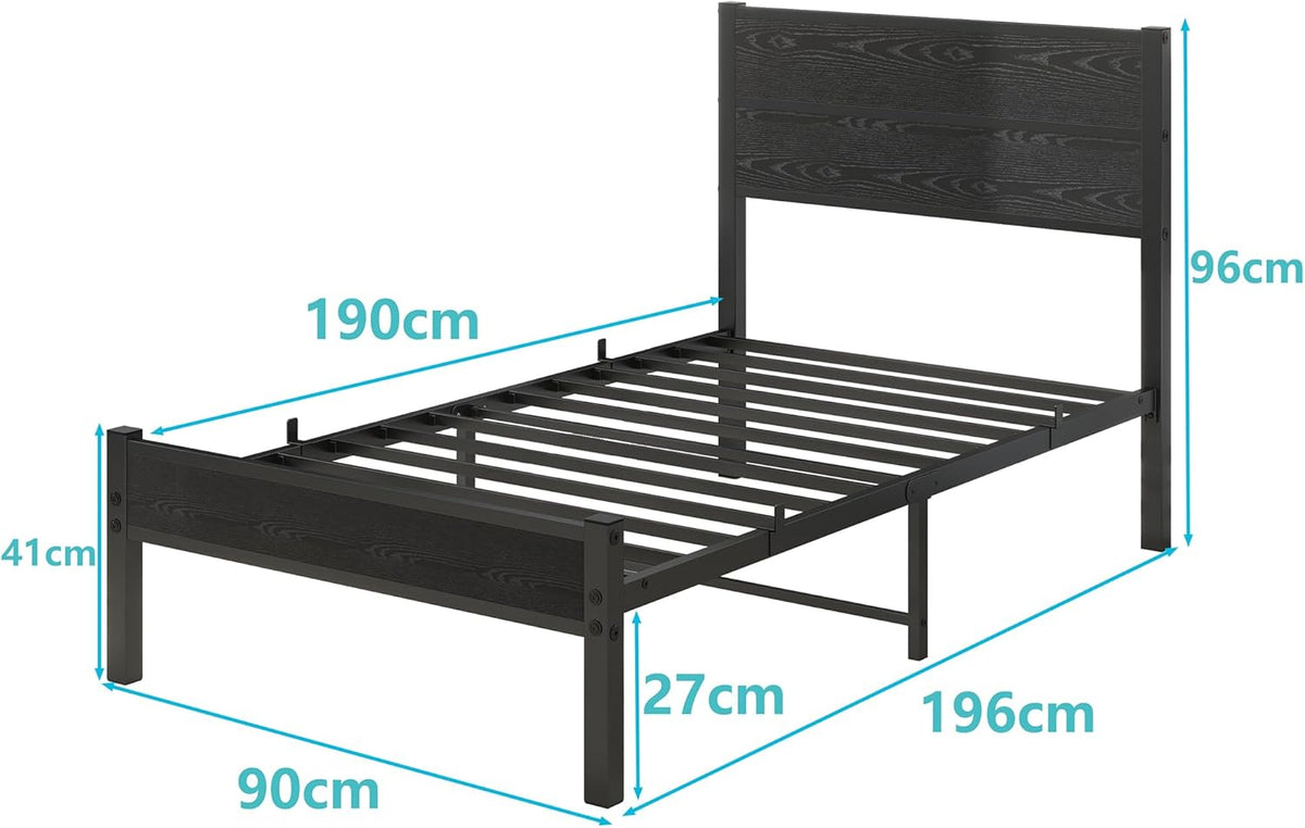 DUMEE Eenpersoonsbedframe met houten hoofdeinde en voetenplank, opbergruimte onder bed, zwart