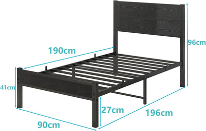 DUMEE Eenpersoonsbedframe met houten hoofdeinde en voetenplank, opbergruimte onder bed, zwart