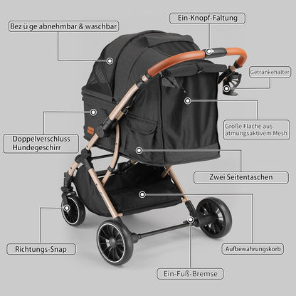 EchoSmile Opvouwbare hondenwagen, hondenbuggy tot 20 kg, voor kleine middelgrote honden en katten, hondenbuggy en kattenwagen met omkeerbare handgreep, schokdemping en afneembaar wasbaar kussen (zwart
